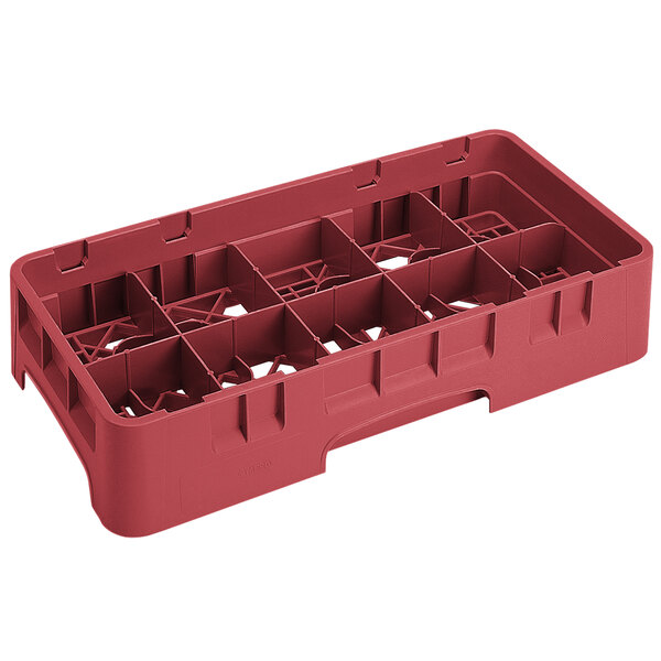 A cranberry red plastic Cambro glass rack with 10 compartments and 2 extenders.
