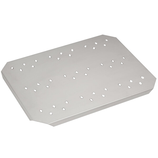 A stainless steel metal tray with holes.