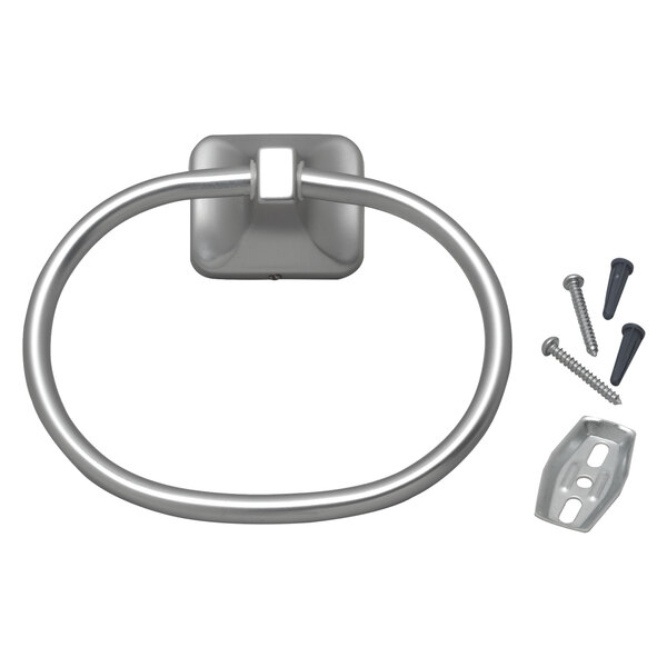 An Advance Tabco stainless steel towel ring with screws and nuts.