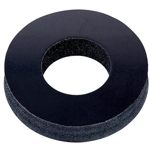 A black rubber Fisher washer with a hole in it.