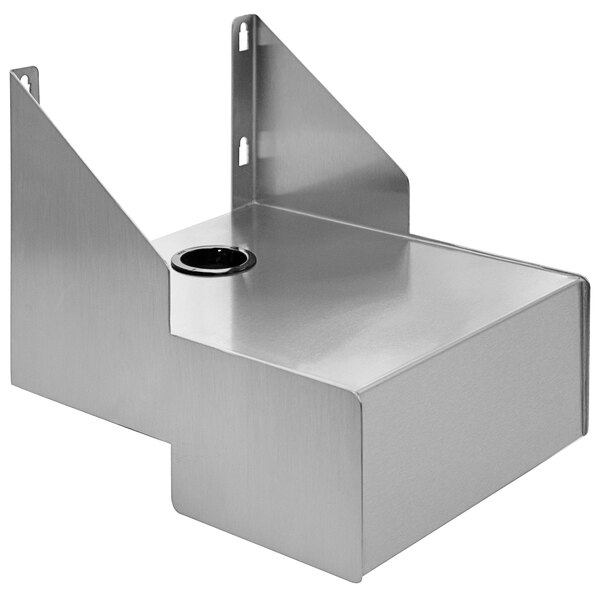 A stainless steel metal shelf with a hole designed to hold a blender on a counter in a bar.
