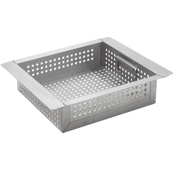 An Advance Tabco stainless steel perforated sink basket tray.