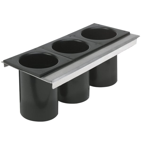 A black metal sliding cover support for a black Advance Tabco ice bin with three wells.