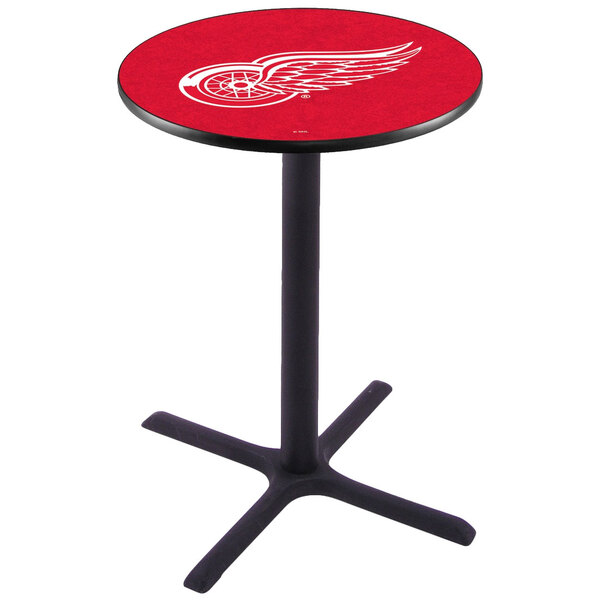 A Holland Bar Stool Detroit Red Wings pub table with a black base and red logo on top.