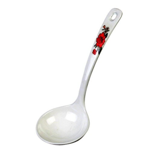A white Thunder Group soup ladle with a red flower design.