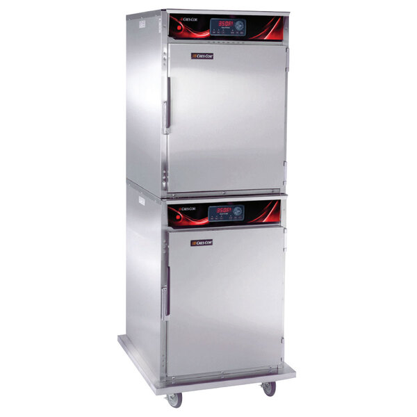 A Cres Cor roast-n-hold convection oven on wheels with a door.