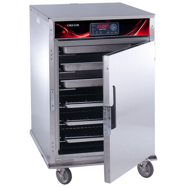 A large stainless steel Cres Cor roast-n-hold convection oven with a door open.