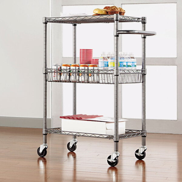 An Alera black anthracite metal cart with food items on it.