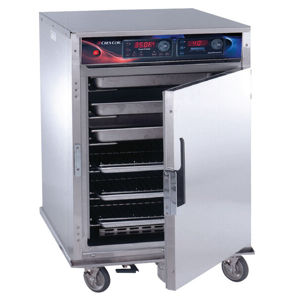 A large stainless steel Cres Cor roast-n-hold oven with a door open.