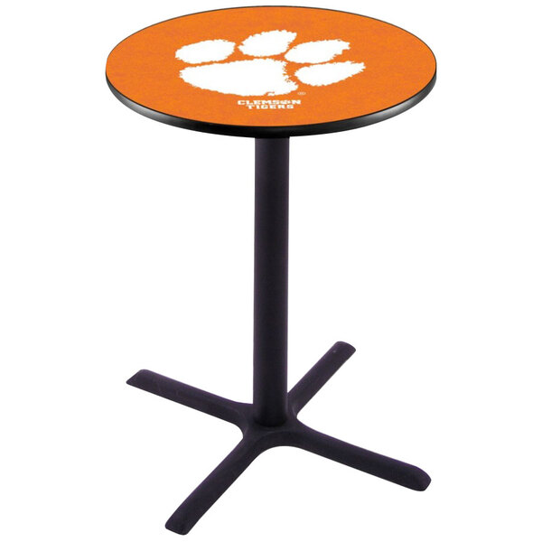 A Holland Bar Stool round pub table with a Clemson University logo on the orange top.