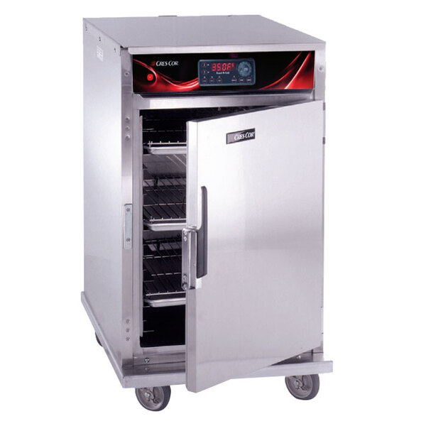 A stainless steel Cres Cor Roast-N-Hold oven with a door open and pan slides.
