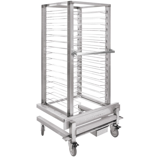 A Cres Cor roll-in oven sheet pan rack with metal shelves and wheels.