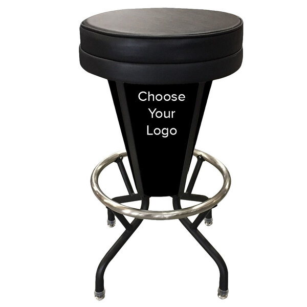A black Holland Bar Stool with a round seat and a silver logo on the seat.