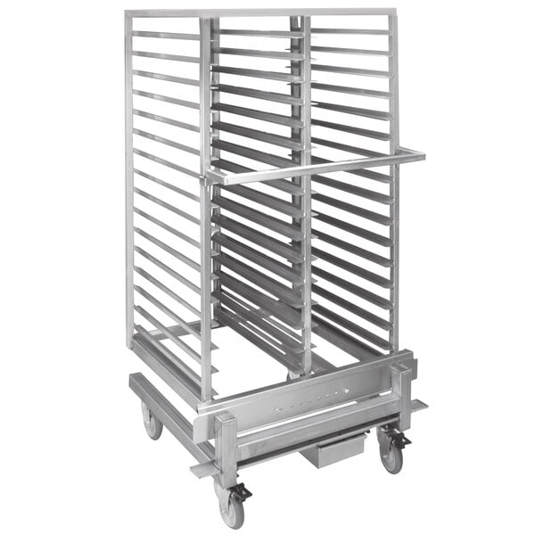 A Cres Cor roll-in oven wire basket rack on a metal rack.