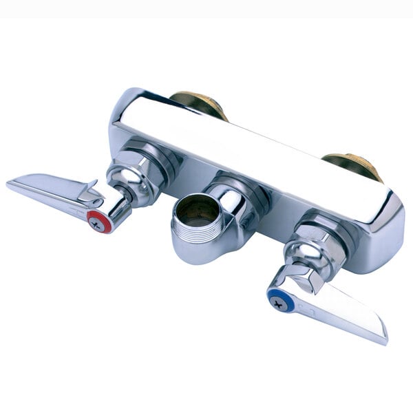 A T&S chrome wall mounted workboard faucet base with two handles and two faucets.