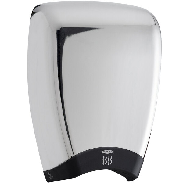 A silver Bobrick TerraDry hand dryer with a black and chrome cover.