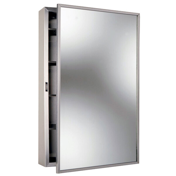 A Bobrick stainless steel medicine cabinet with a mirror on the door.