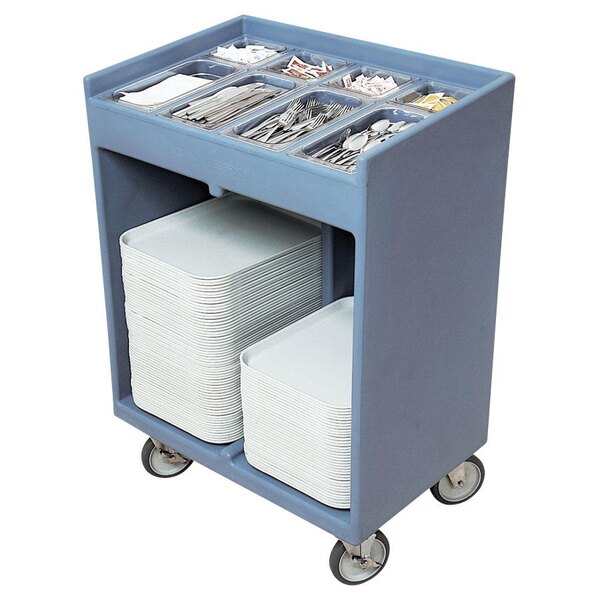 A slate blue Cambro tray and silverware cart full of utensils and forks.
