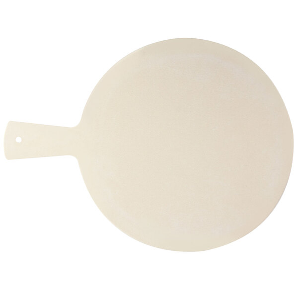 A white round serving board with a handle.
