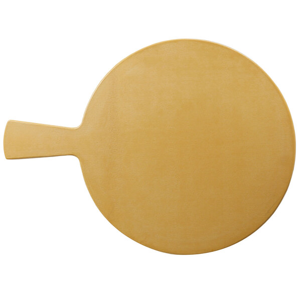 A round bamboo serving board with a handle.