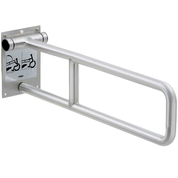 A Bobrick stainless steel swing-up grab bar.
