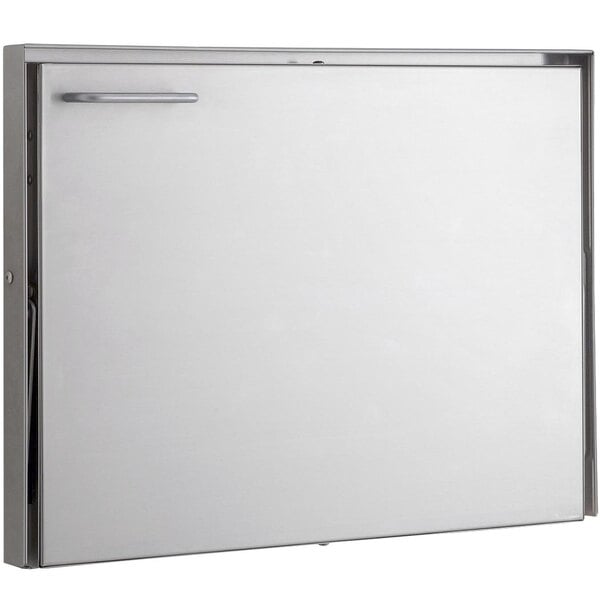 A white rectangular stainless steel door with a handle.