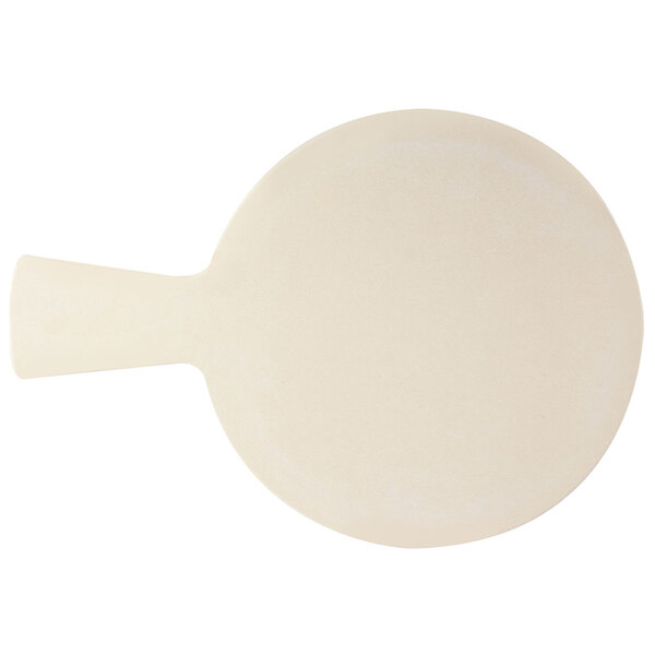 A white round paddle with a black handle.