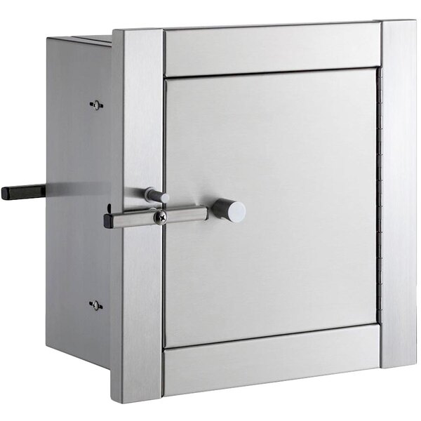 A Bobrick stainless steel pass-through cabinet door with a latch.