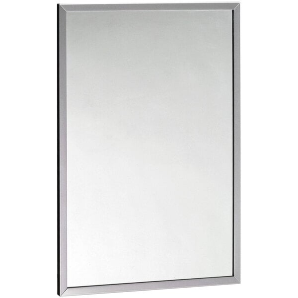 A Bobrick wall-mounted mirror with a stainless steel frame.