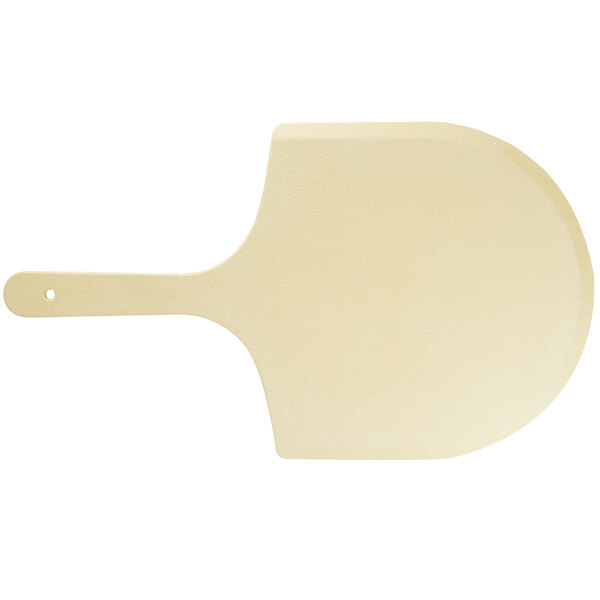A white melamine serving board with a bamboo handle and hanging hole.