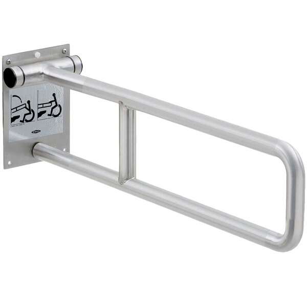 A silver stainless steel Bobrick swing-up grab bar with peened finish.
