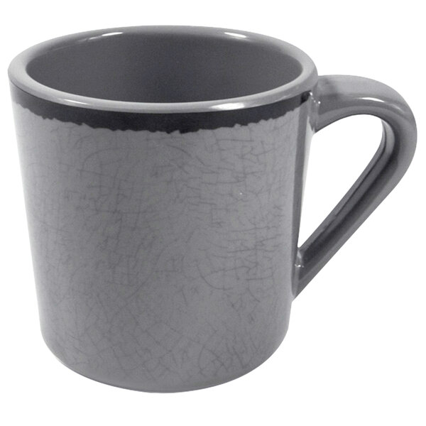 A grey Elite Global Solutions Mojave Vintage California mug with a handle and black rim.