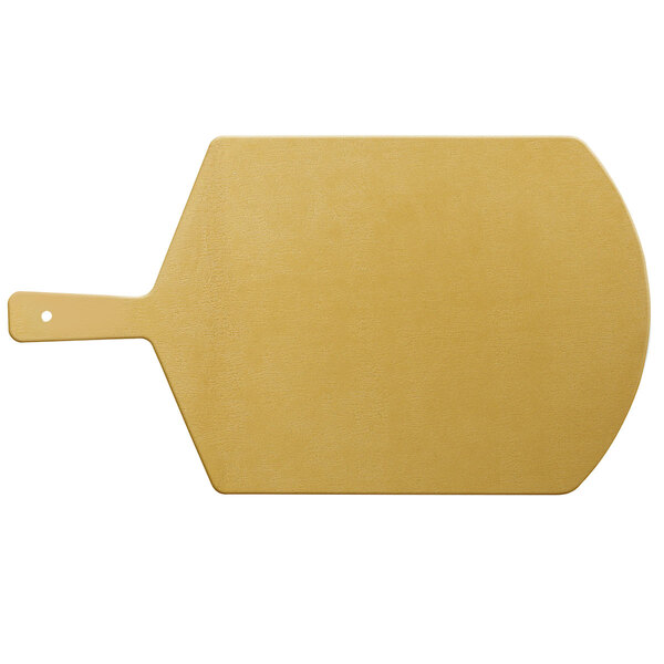 A brown rattan and bamboo serving board with a handle and hanging hole.