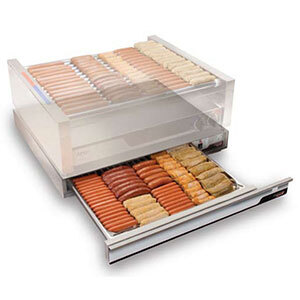 A APW Wyott narrow hot dog thermo drawer holding a tray of hot dogs.