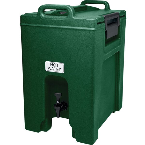 A green Cambro insulated beverage dispenser with a handle.