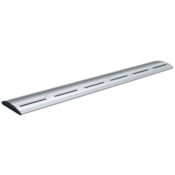 A long white metal strip with a curved silver metal object at one end.