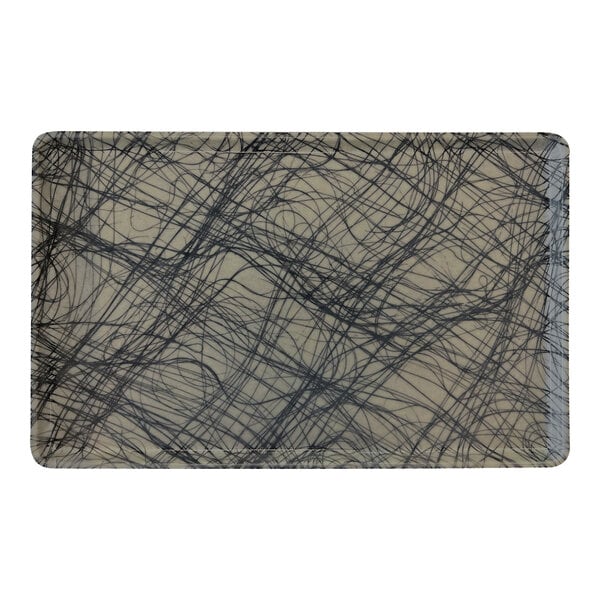 A rectangular gray tray with black swirl lines.