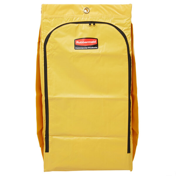 A yellow Rubbermaid bag with a black zipper and label with a logo.