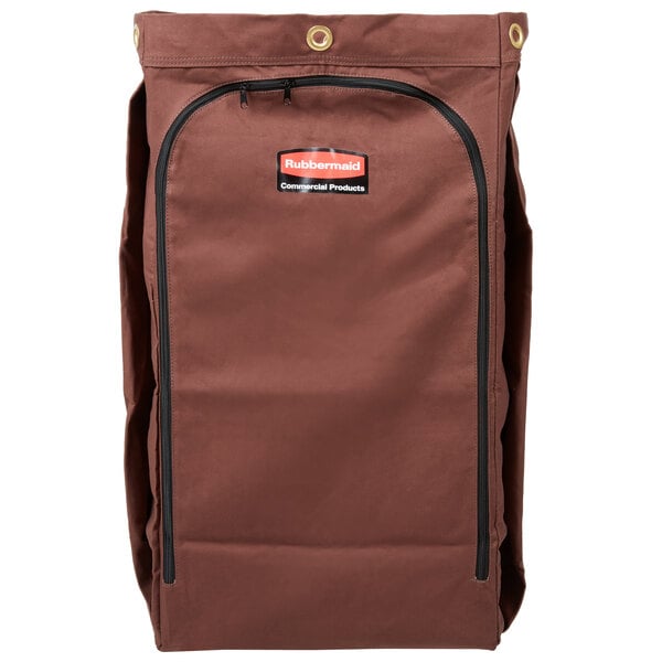 A brown Rubbermaid housekeeping cart bag with a zipper and logo.