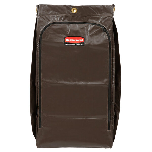 A brown Rubbermaid janitor cart bag with a red label.