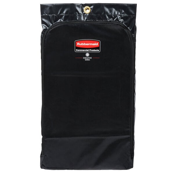 A black bag with a red and white Rubbermaid logo.