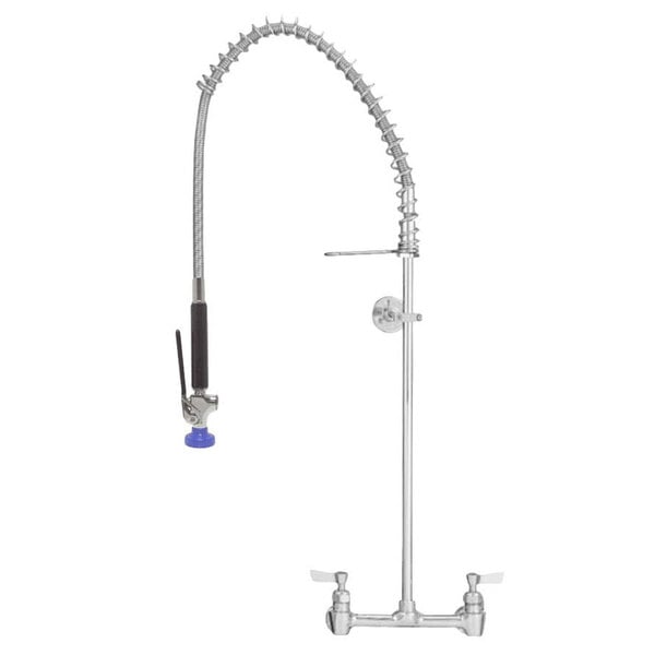 A silver Fisher pre-rinse faucet with a blue handle.