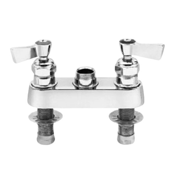 The Fisher 2500-CV Deck Mounted Faucet Base with 4" Centers and 1/2" Rigid Male Inlets in chrome.