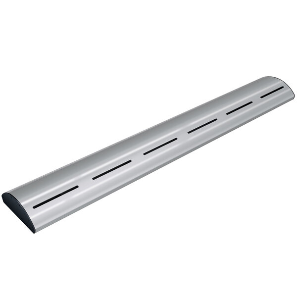 A silver metal curved beam with three holes.