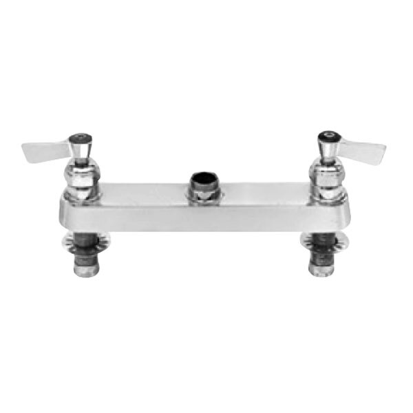 A chrome Fisher deck mounted faucet base with two handles.