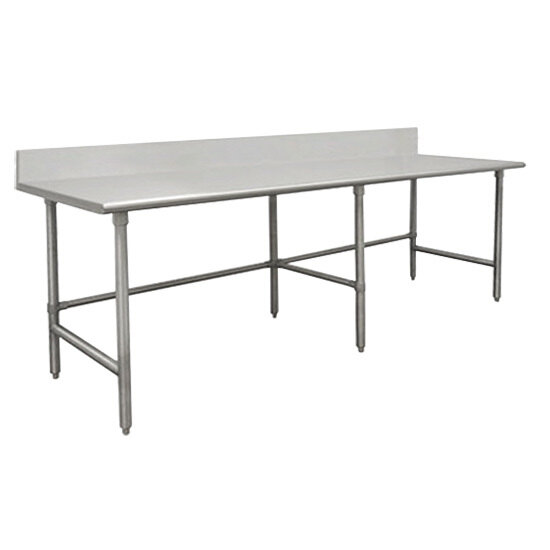 A close-up of an Advance Tabco stainless steel work table with an open base.