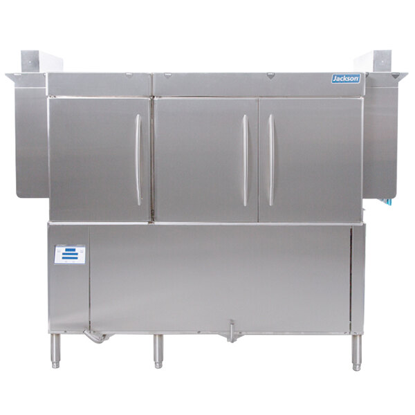 A large stainless steel Jackson RackStar conveyor dishwasher with a white cabinet.