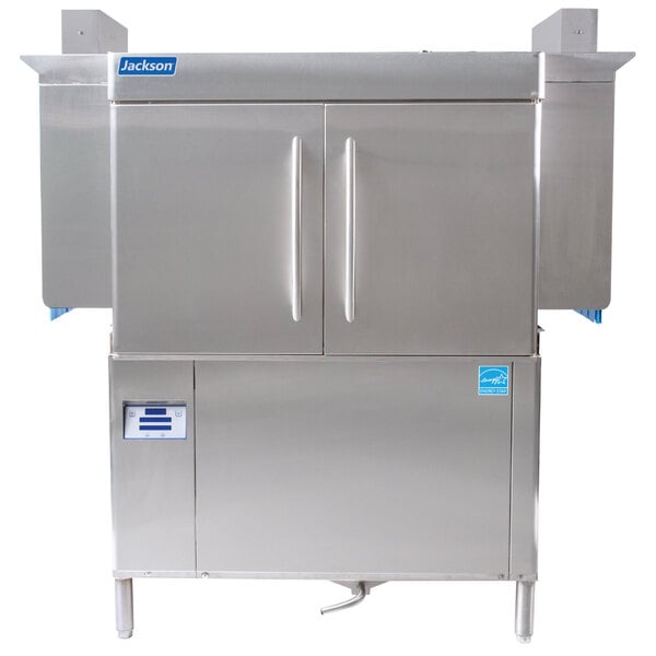 A Jackson RackStar stainless steel conveyor dishwasher with two doors.