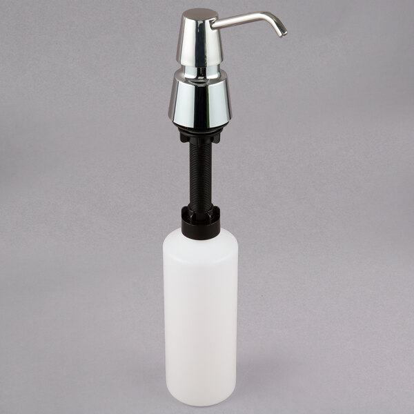 A white soap dispenser with a silver pump and black text.
