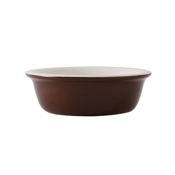 A brown Tuxton china bowl with a white rim.